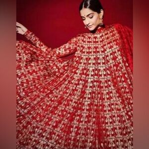 NWOT masaba scarlet chiffon gold tree trunk anarkali set (w/ pants and dupatta)